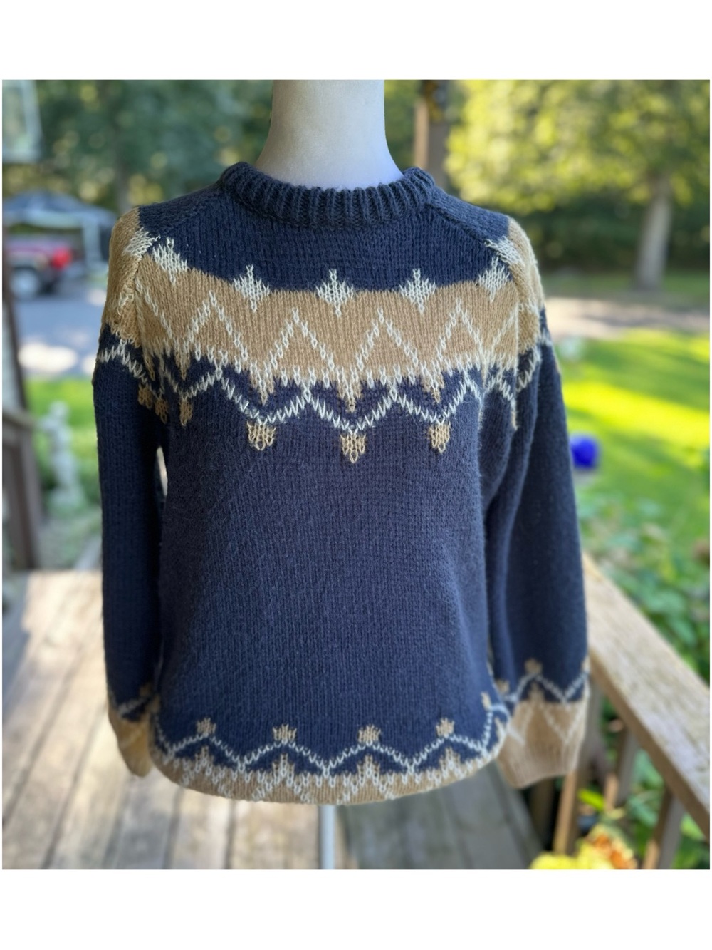 Women’s Navy Mohair Sweater with Tan and White Nordic Pattern  - No Brand Tag